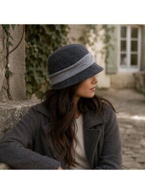 Conhats Gray Wool Bucket Hat Ribbon Accent Lined Winter Hat